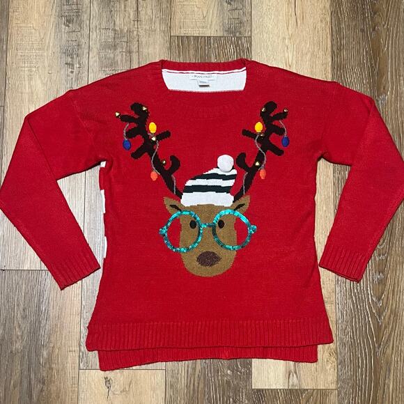 Rudolph Reindeer Sparkly Jingle Bell Ugly Christmas Sweater Womens M Red Holiday - Picture 1 of 6